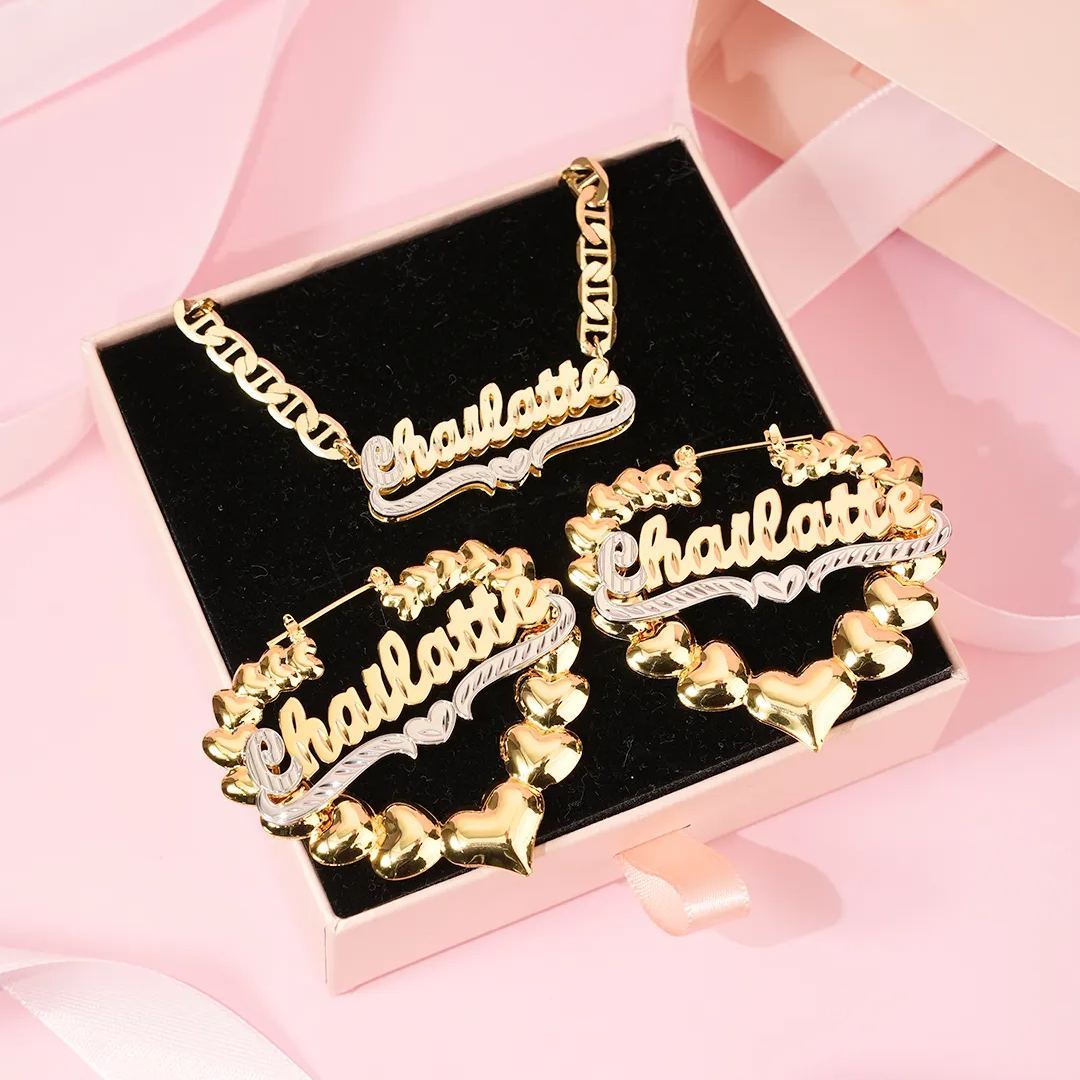 Two Tone Double Layer Heart Personalized Name Necklace And Heart Shaped Earrings Jewelry Set