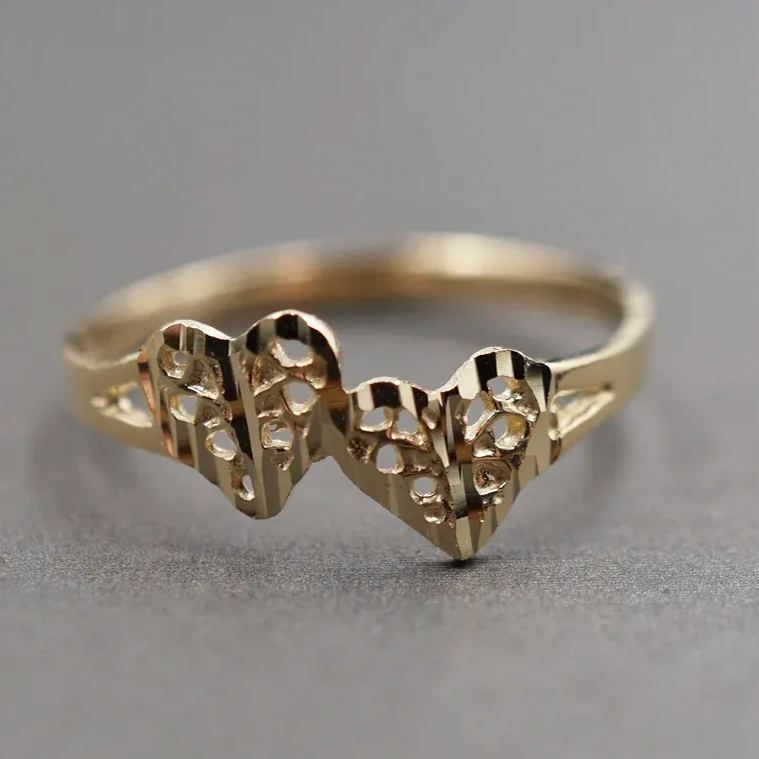 Diamond Cut Double Heart Ring Personalized Engraved Ring