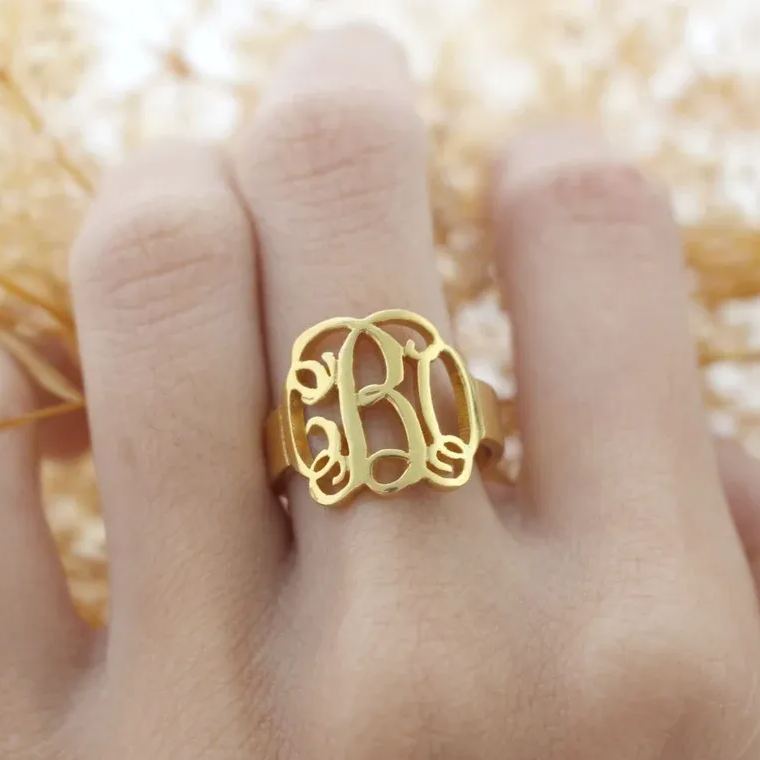 Personalized Interlocking Monogram Ring Gold Plated 3 Letters Ring