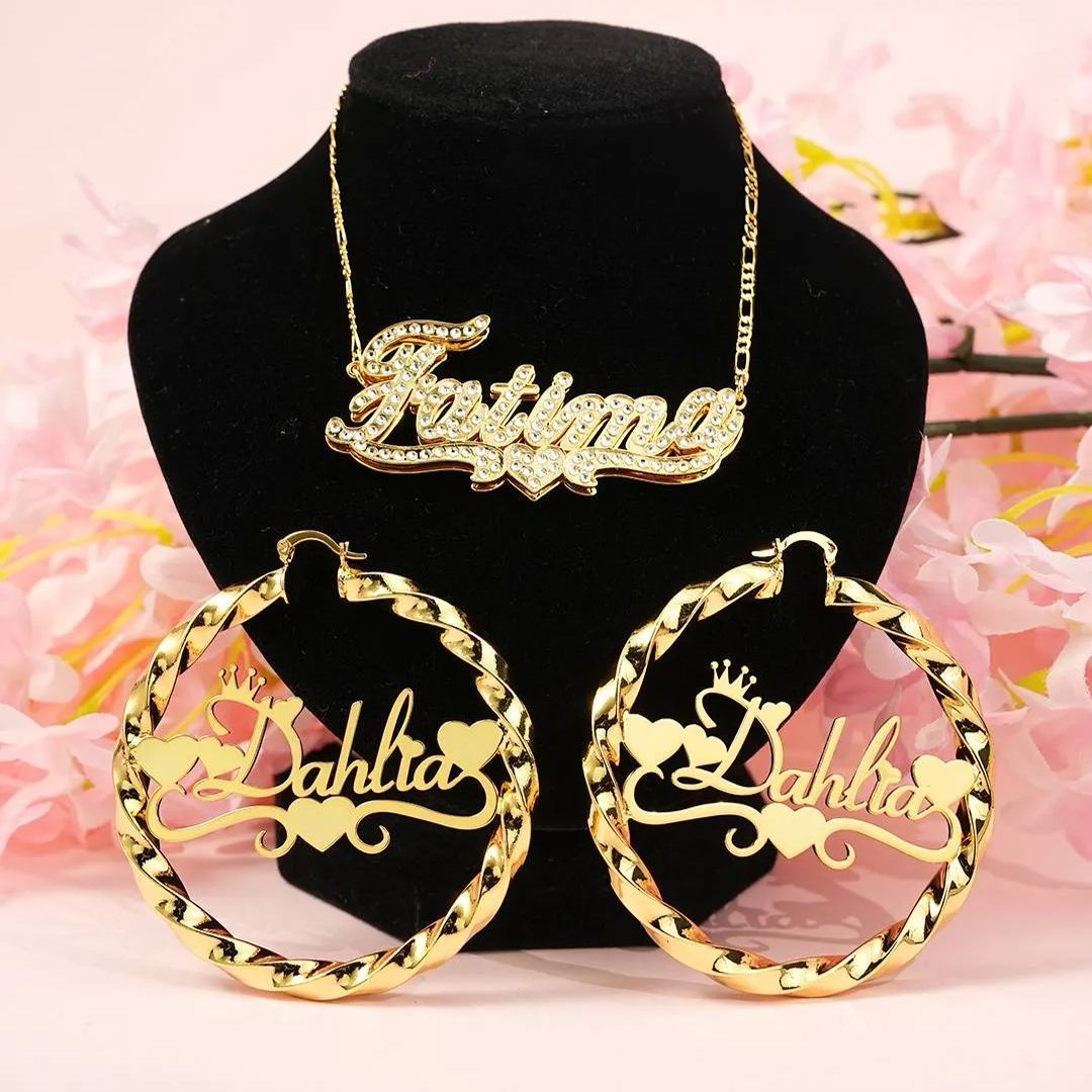 Heart Nameplated Personalized Double Layer Zircon Name Necklace And Crown Name Earrings 2 Piece Set