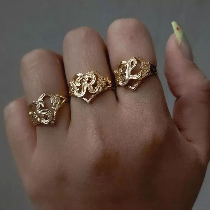 Personalized Flower Heart Initial Letter Ring Custom Ring