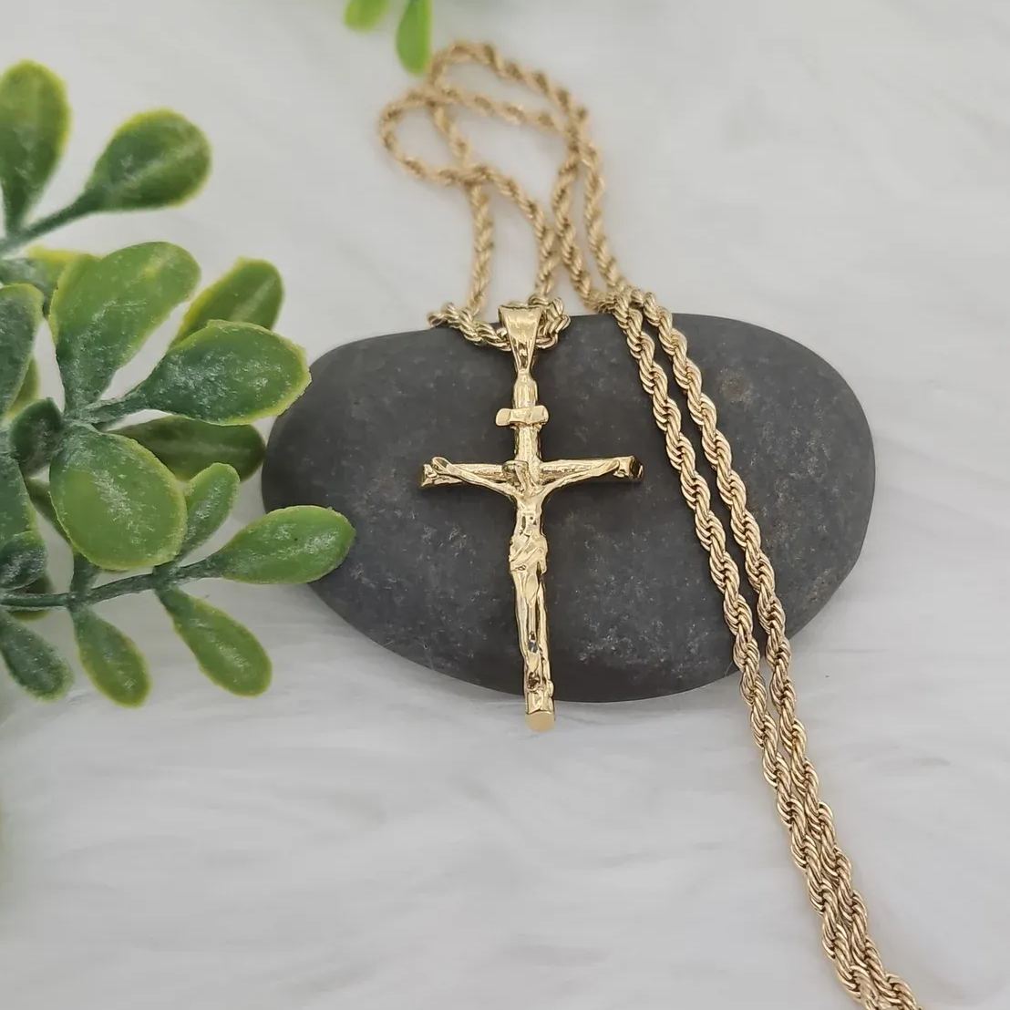 [Copy]Gold Plated Diamond Cut Cross Pendant Rope Chain Cross Necklace