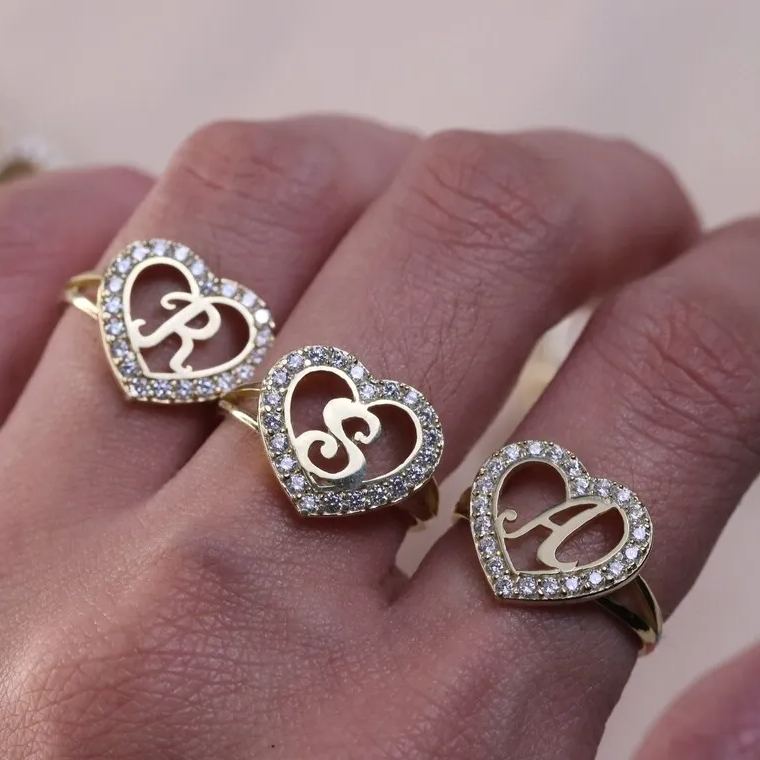 Heart Zricon Gold Plated Letter Ring Personalized Custom Initial Ring