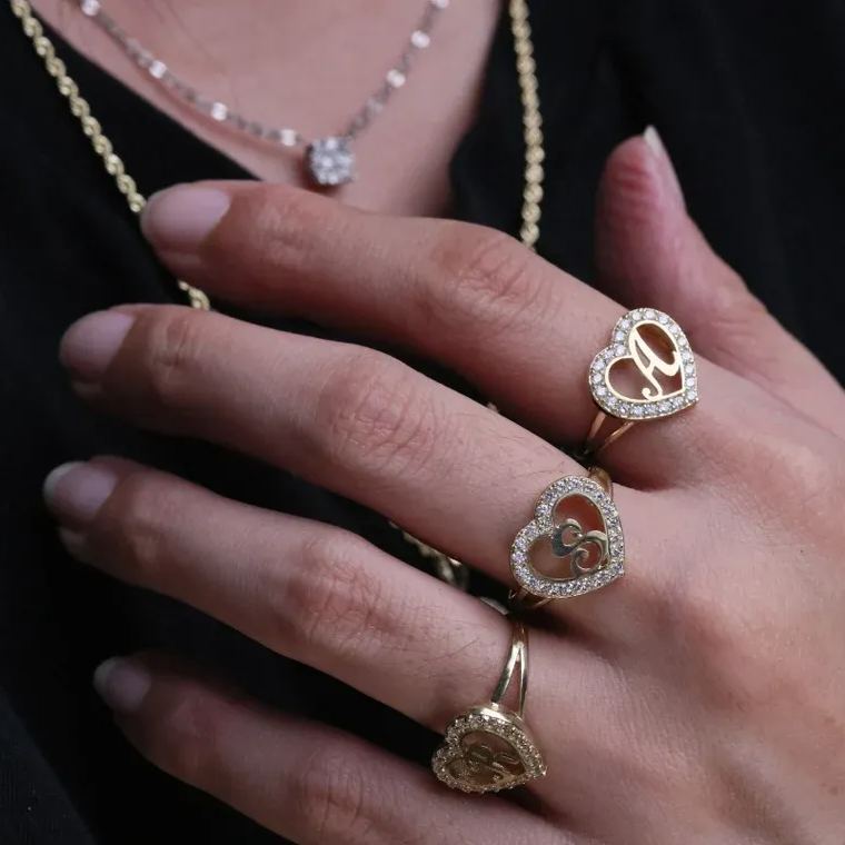 Heart Zricon Gold Plated Letter Ring Personalized Custom Initial Ring