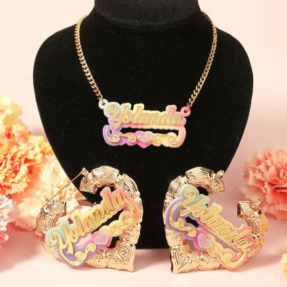 Acrylic Pink Nameplated With Heart Personalized Custom Name Necklace And Bamboo Earrings 2pcs Set