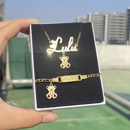 Teddy Bear Pendant Personalized Heart Name Necklace And Name Bracelet Set