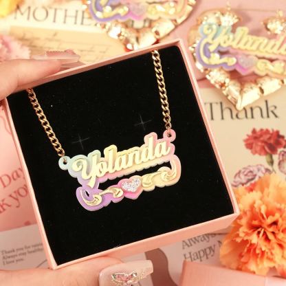 Acrylic Pink Nameplated With Heart Personalized Custom Name Necklace Heart Bamboo Earrings 2pcs Set