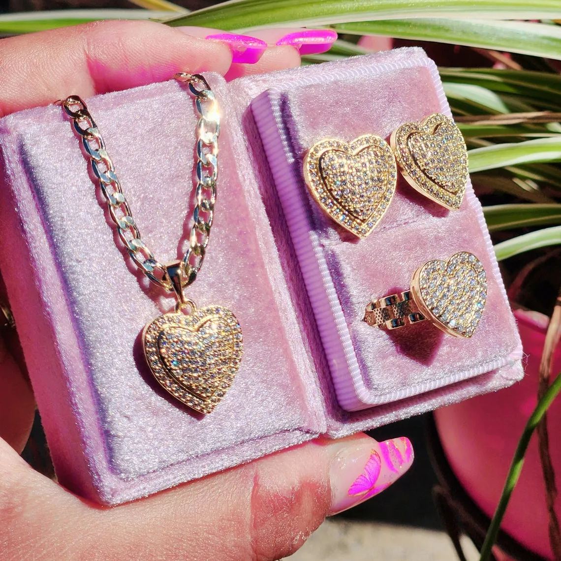 Heart Love Pendant Jewelry Set Zircon Necklace Rolex Ring And Stud Earrings