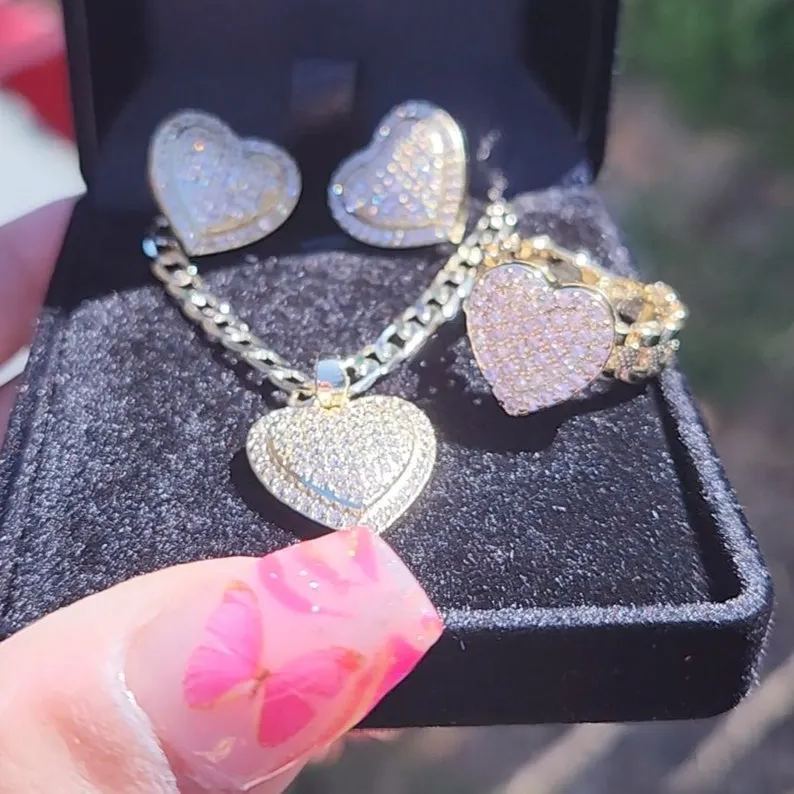 Heart Love Pendant Jewelry Set Zircon Necklace Rolex Ring And Stud Earrings