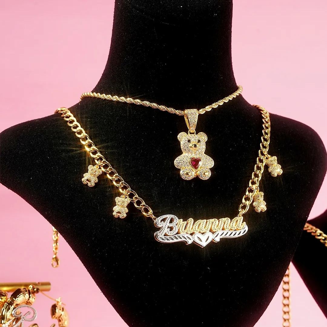 Personalized Teddy Bear Set Two Tone Name Necklace And Birthstone Bear Necklace