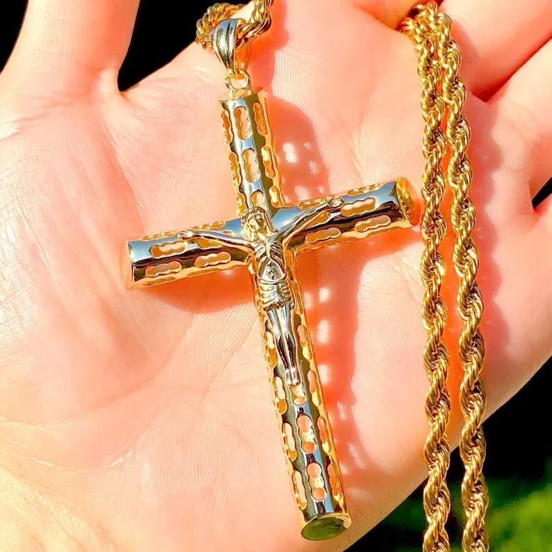 Iced Hollow Cross Necklace Gold Plated Rope Chain Necklace