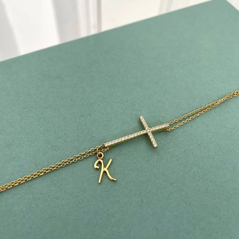 Cross with Double Chain Personalized Initial Bracelet Christian Bracelet