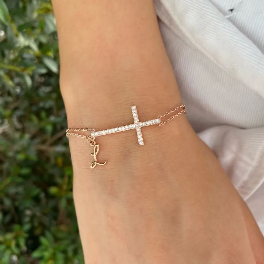 Cross with Double Chain Personalized Initial Bracelet Christian Bracelet