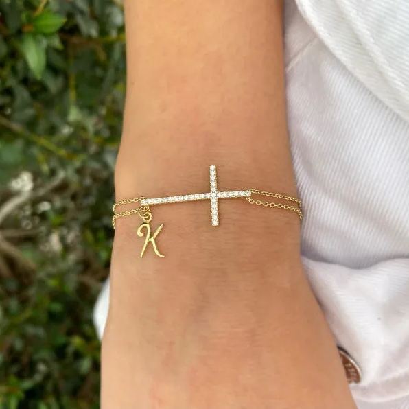 Cross with Double Chain Personalized Initial Bracelet Christian Bracelet