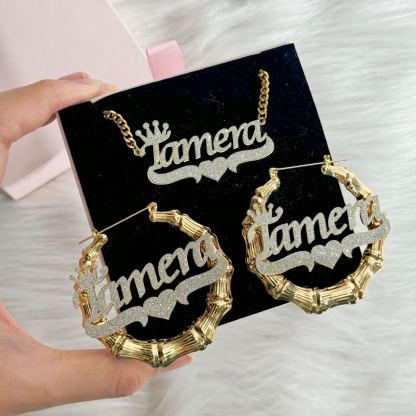 Bling Crown Heart Nameplate Personalized Necklace And Bamboo Earrings Set