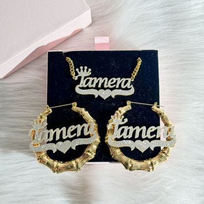 Bling Crown Heart Nameplate Personalized Necklace And Bamboo Earrings Set