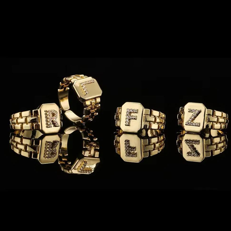 A-Z Letter Inlaid Zircon Open Watch Band Square Ring Personalized Custom Initial Ring