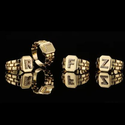 A-Z Letter Inlaid Zircon Open Watch Band Square Ring Personalized Custom Initial Ring