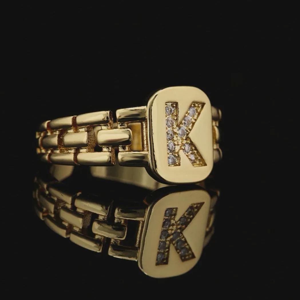 A-Z Letter Inlaid Zircon Open Watch Band Square Ring Personalized Custom Initial Ring