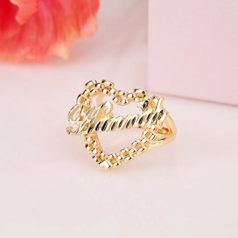 Rolex Style Heart Gold Plated Ring Personalized Custom Name Ring