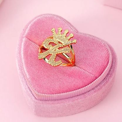 Nugget Style Gold Plated Custom Diamond Cut Initial Ring with Crown