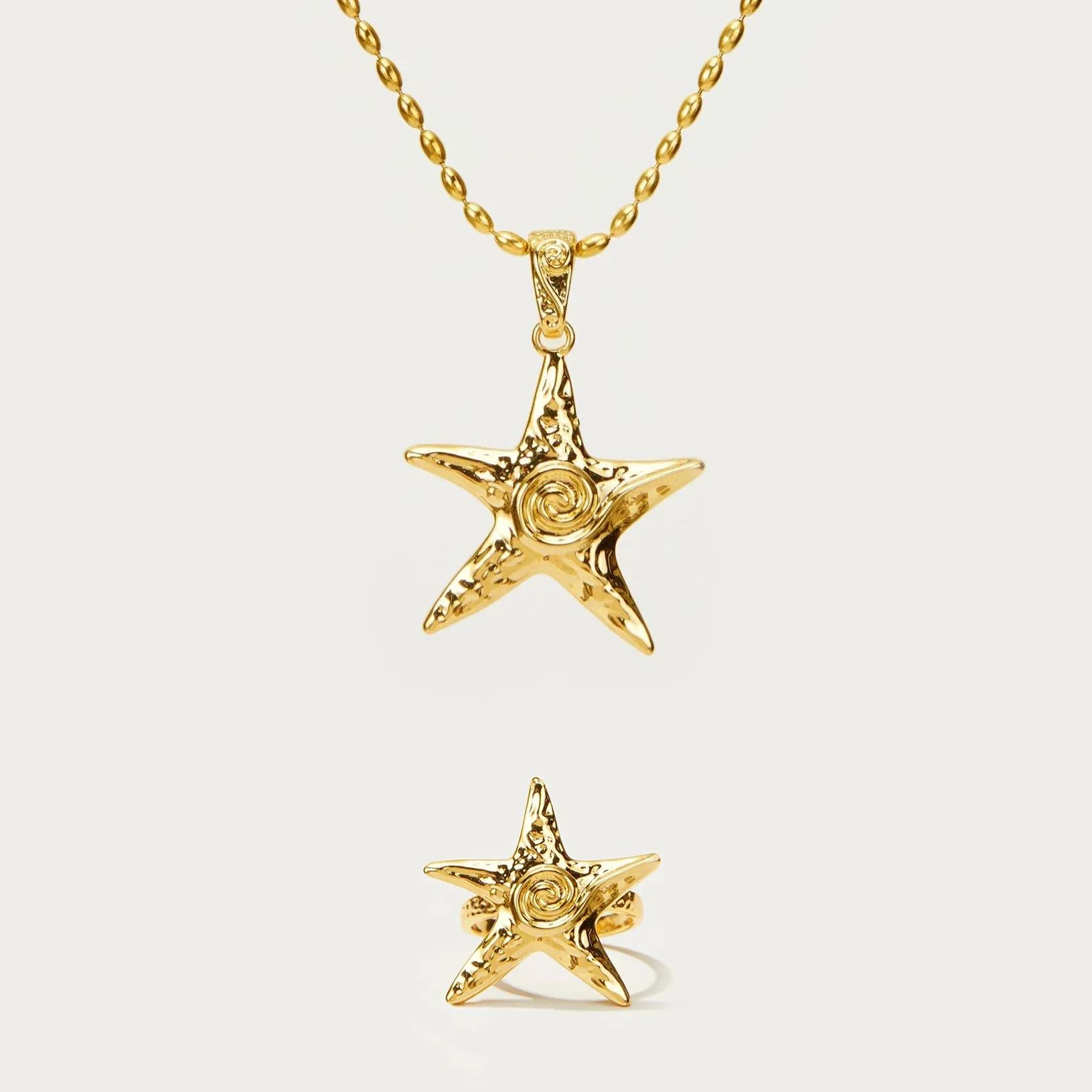 Yellow Gold Plated Starfish Necklace And Ring Jewelry Set