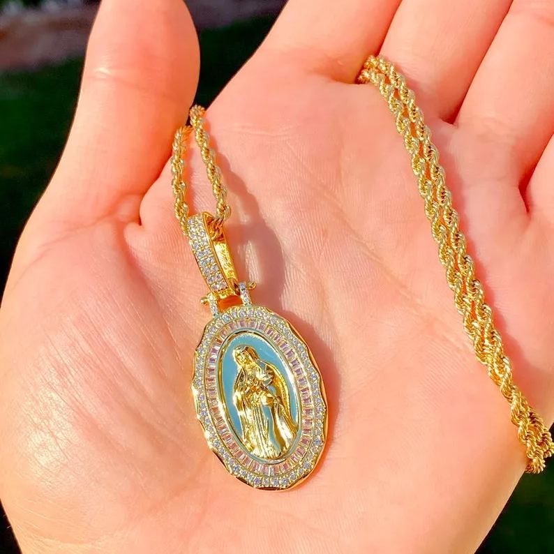 [Copy]Gold Virgin Mary Necklace Fancy Flat Chain Gold Plated Necklace 