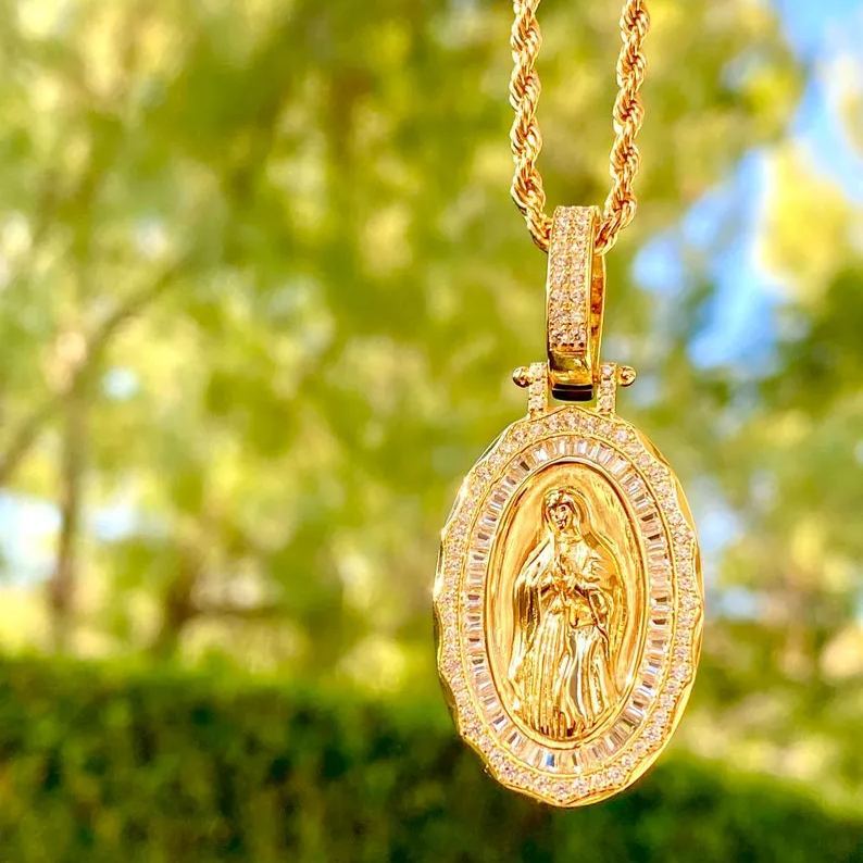 [Copy]Gold Virgin Mary Necklace Fancy Flat Chain Gold Plated Necklace 