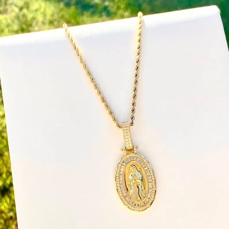 [Copy]Gold Virgin Mary Necklace Fancy Flat Chain Gold Plated Necklace 