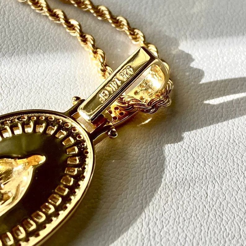 [Copy]Gold Virgin Mary Necklace Fancy Flat Chain Gold Plated Necklace 