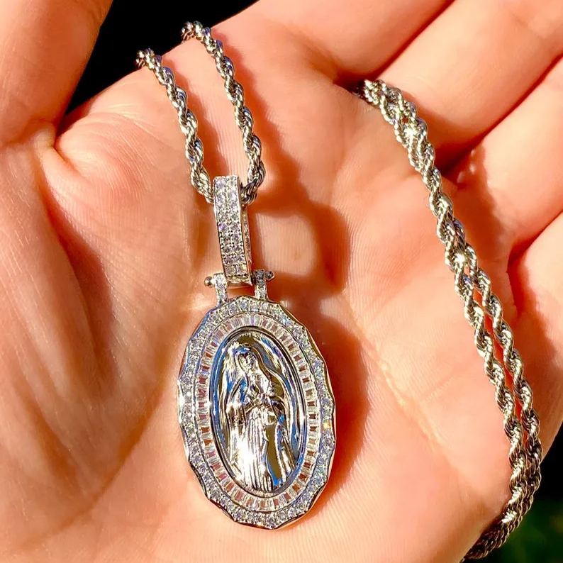 [Copy]Gold Virgin Mary Necklace Fancy Flat Chain Gold Plated Necklace 