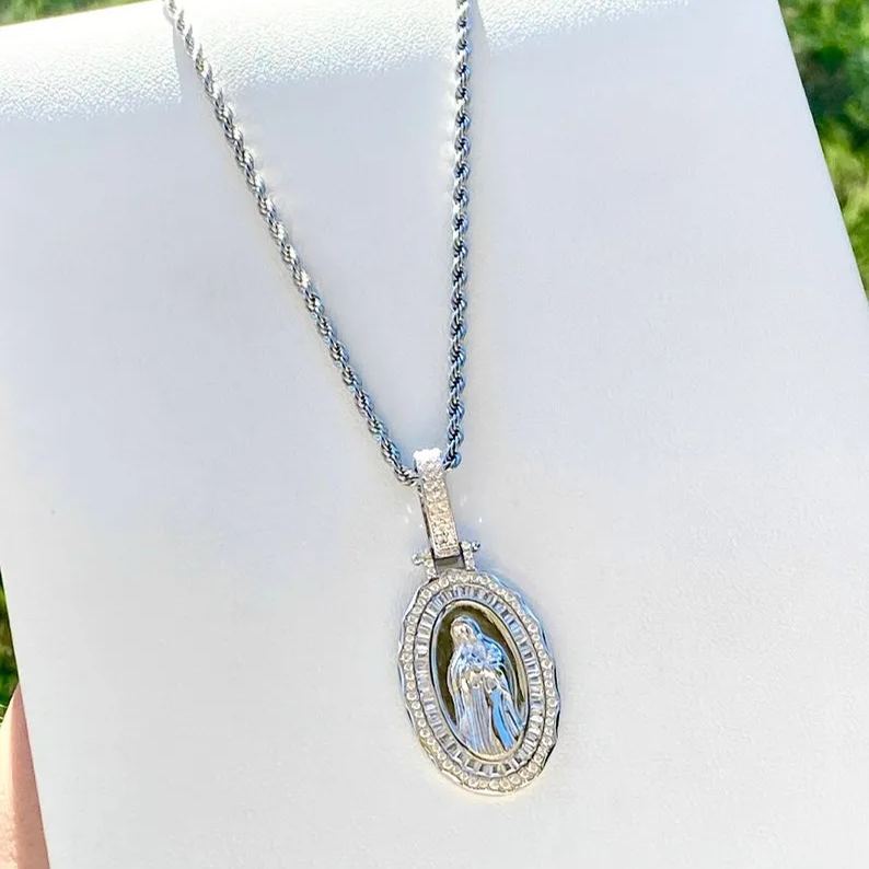 Diamond Cut Virgin Mary Necklace Rope Chain Gold Plated Necklace