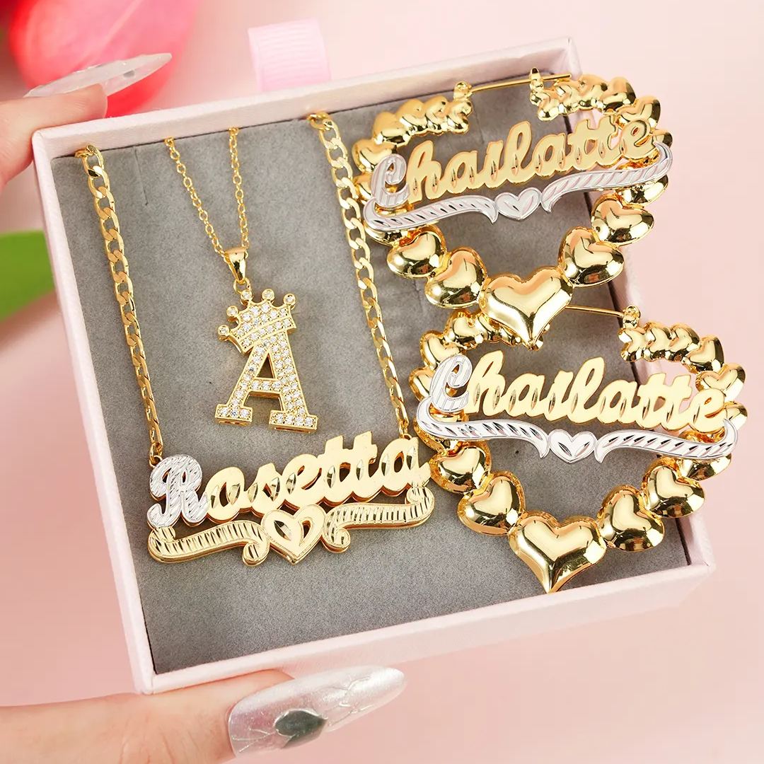 Double Layer Name Necklace Crown Initial Necklace And Name Earrings With Heart Personalized Jewelry Set