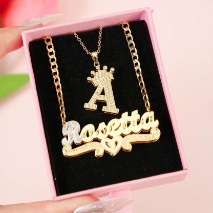 Double Layer Name Necklace Crown Initial Necklace And Name Earrings With Heart Personalized Jewelry Set