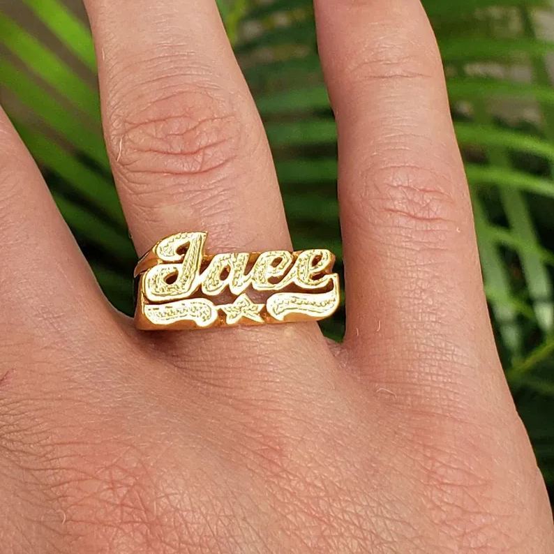 Custom Gold Plated Star Underline Diamond Cut 3D Names Ring-silviax