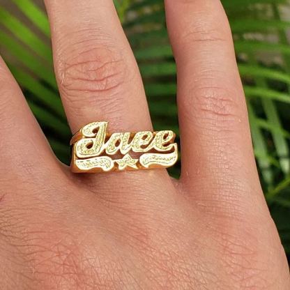 Custom Gold Plated Star Underline Diamond Cut 3D Names Ring-silviax