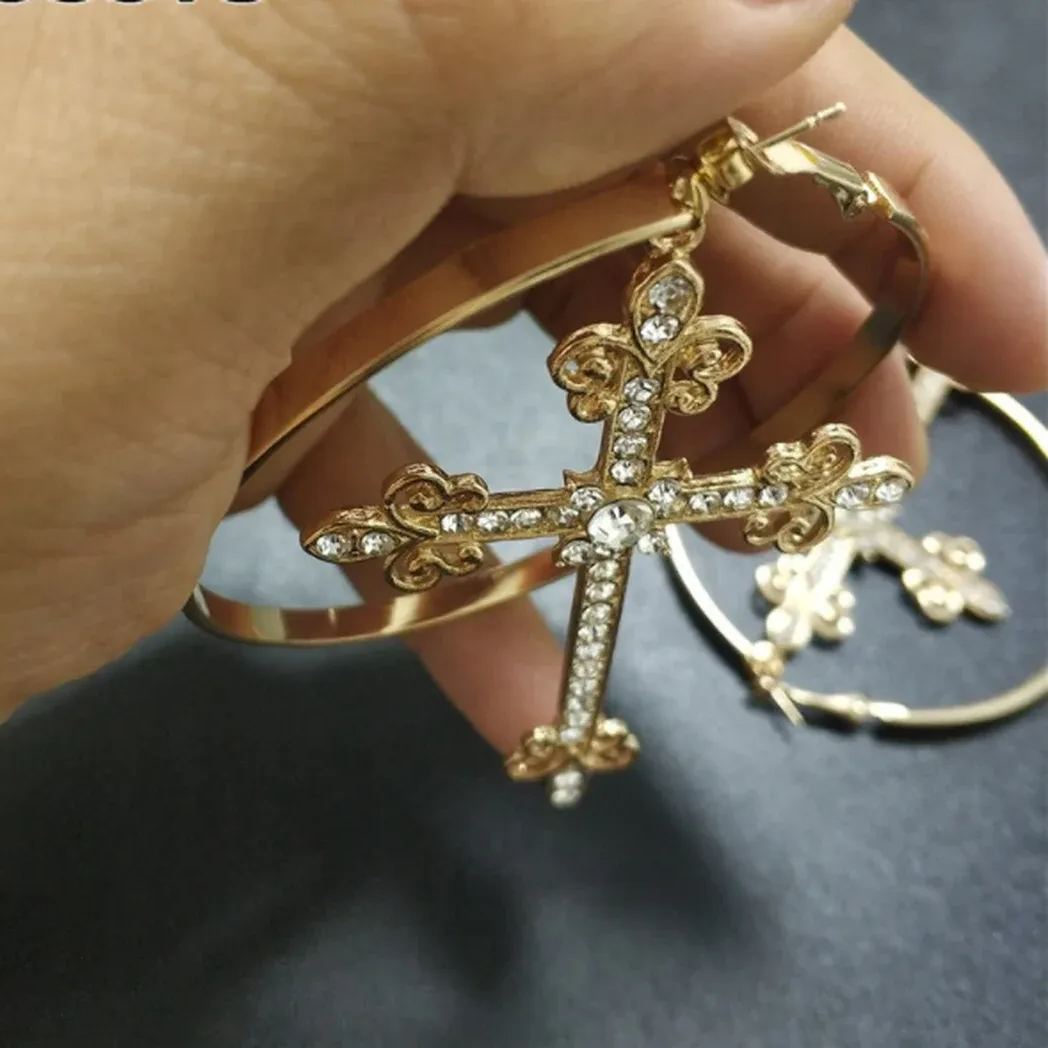 Hoop Cross Earrings Gold Plated Christian Earrings