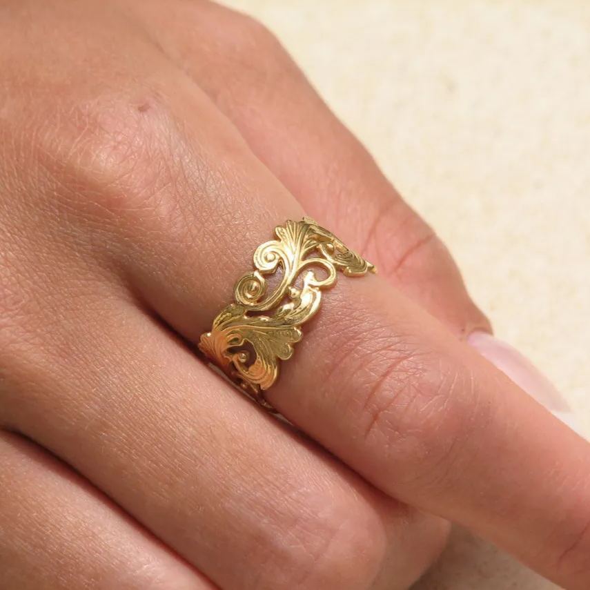 [Copy]Filigree Lace Floral Ring Personalized Gold Plated Engraved Ring 