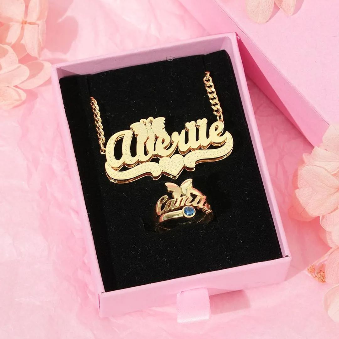 Butterfly Jewelry Set Personalized Double Plated Name Necklace And Birthstone Name Rings