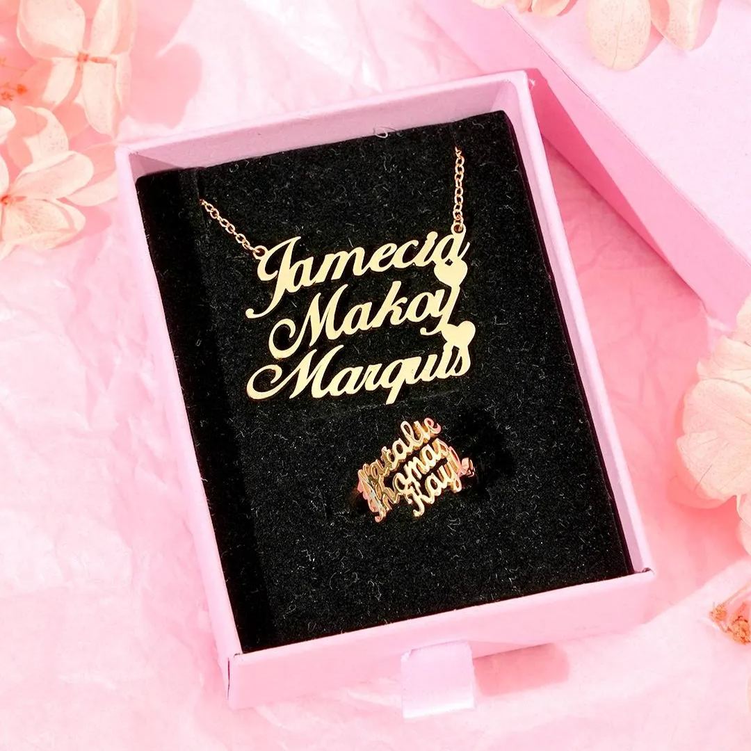 Three Names Set Personalized Heart Name Necklace And Name Rings