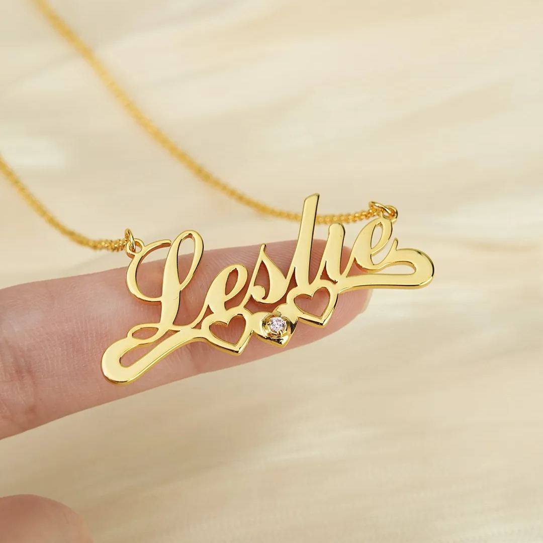 Three Heart and Birthstone Personalized Custom Name Necklace Gift For Love