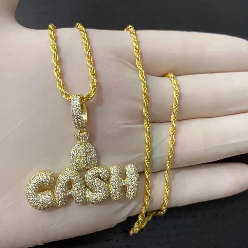 [Copy]Iced Diamond Money Bag Crown Charm Pendant Gold Plated Necklace