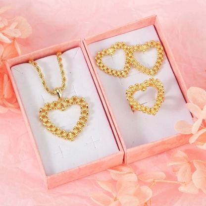 Diamond Cut Gold Heart Frame Set Necklace Earrings and Ring