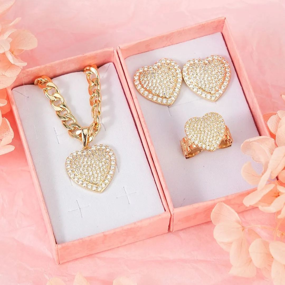Heart Love Pendant Jewelry Set Zircon Necklace Ring and Stud Earrings