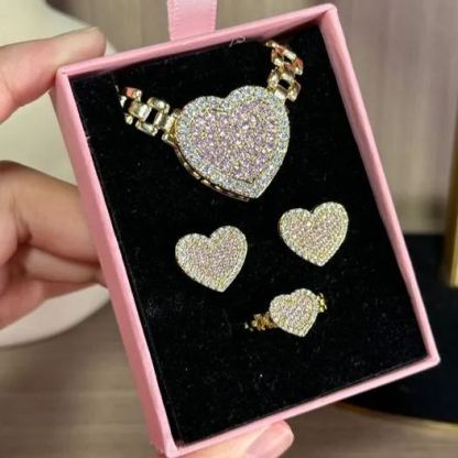 RX Style Heart Iced Out Pendant Necklace Ring And Stud Earrings 3 Piece Set 