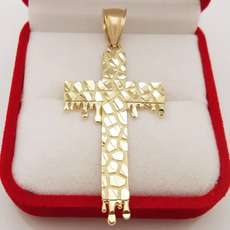 Dripping Heart Cross Pendant Diamond Cut Nugget Necklace Christian Jewelry