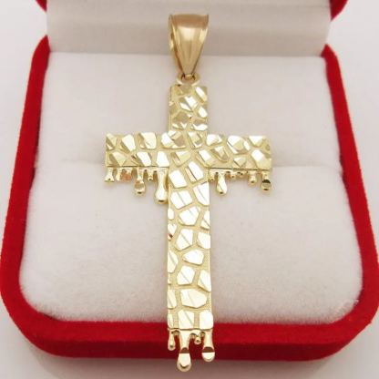 Dripping Heart Cross Pendant Diamond Cut Nugget Necklace Christian Jewelry
