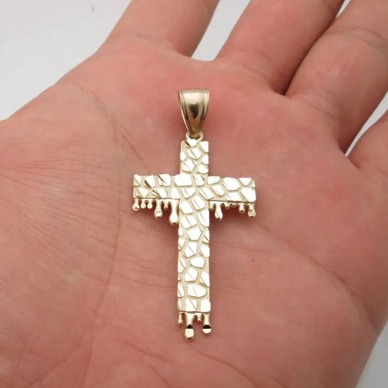 Dripping Heart Cross Pendant Diamond Cut Nugget Necklace Christian Jewelry