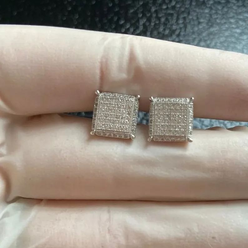 Iced Out Bling Diamond Square Earrings Push Back Earrings