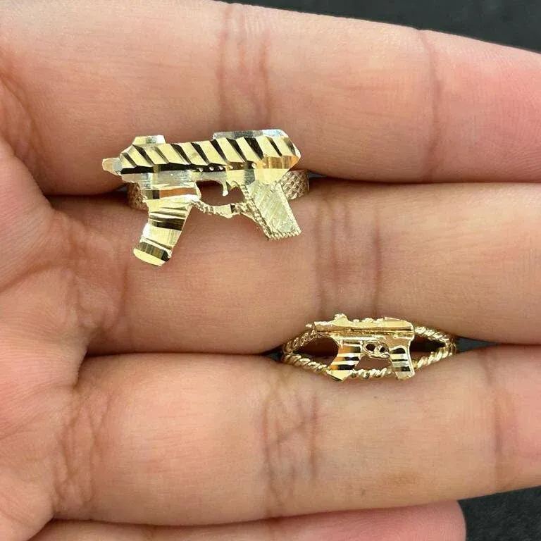 Gold Plated Diamond Cut UZI Gun Ring Personalized Engraved Ring 